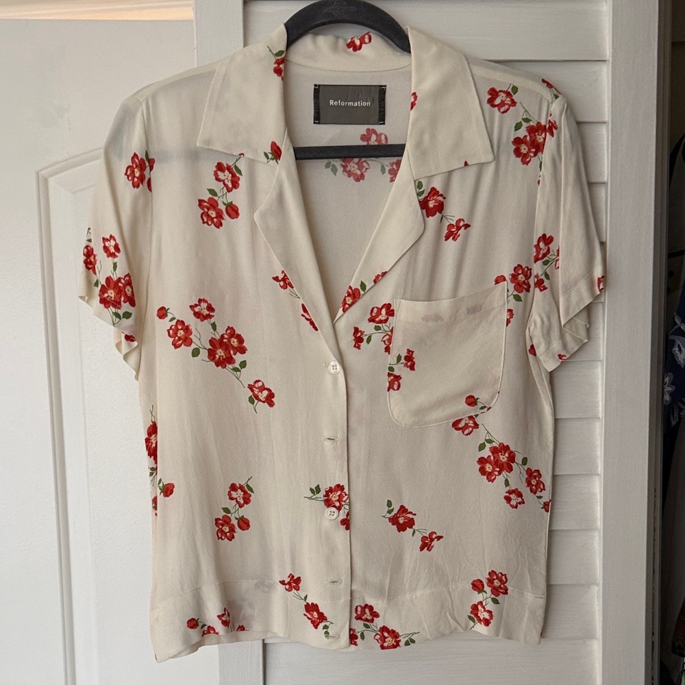 Reformation Cream Shirt with Red Floral Design